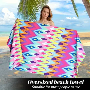 Oversized Colorful Geometric Beach Towel | Quick Dry Microfiber Sand Free Lightweight for Pool Travel Summer | Bold Rainbow Diamond Pattern for Women & Family