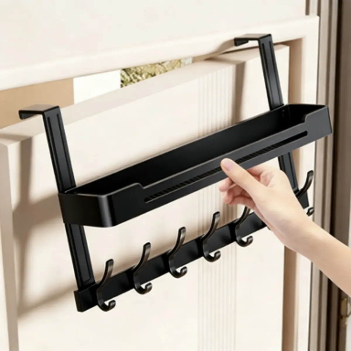 Matte Black Aluminium Over-the-Rack Door Hangers - 5-Hook Single Unit Home Organizer, Drill-Free Installation, Stable Daily Use, Lightweight, Black-Without Storage Rack, for Hats Keys Towels, Ideal for Hallways