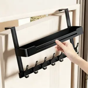 Aluminium Over-the-Rack Door Hangers - Drill-Free Lightweight Black-Without Storage Rack-5Hook Home Organizer Hooks, Easy Installation, Stable Decor for Hats, Keys, Towels, Ideal for Hallways (Room Decor Apartment Accessory)