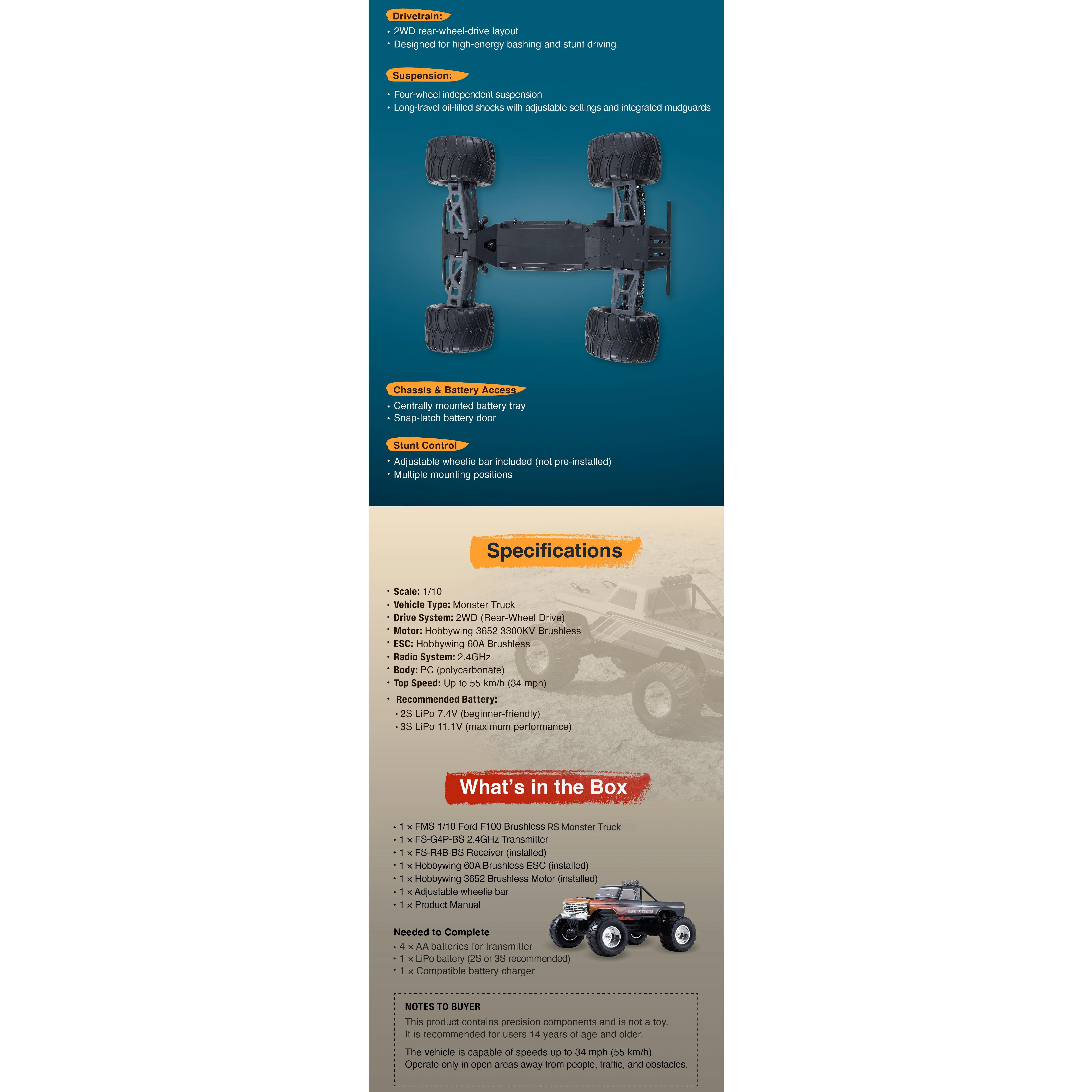 FMS 1:10 Ford F-100 Monster Truck Brushless RS (RS=Batteries and charger not included)