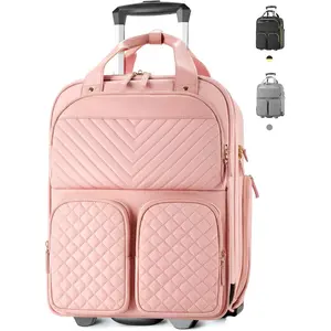 Underseat Carry  Luggage with Wheels, Airline Approved Personal Item Bag, Multiple Compartment Travel Carry- with Leather Handle, Soft Side Lightweight Rolling Suitcase for Women, , L