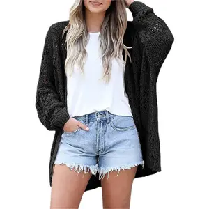 Women's Boho Crochet Knit Cardigan - Oversized Loose Fit Hollow Out Open Front Sweater - Batwing Long Sleeve 2025 Spring Casual Kimono Cover Up