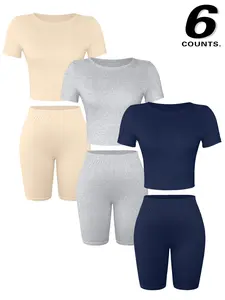 6  Pieces Women Suit Women's Solid Color Crop Top Tee & Skinny Shorts Set, Casual Fashion Fitted Round Neck Short Sleeve T-shirt & Shorts for Daily Outdoor Wear, Ladies Summer Clothes, Womenswear, Suits