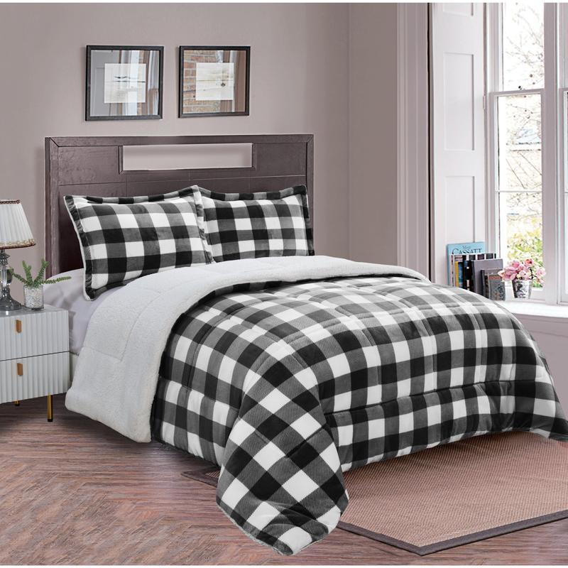 Elegant Comfort 3-Piece Buffalo Micro-Suede Reversible Sherpa - Lodge-Plaid Pattern Comforter Set