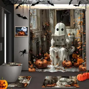 Halloween Ghost Shower Curtain Set, Funny Toilet Design, Waterproof Pumpkin Print Bathroom Decor, Gothic Style Gift for Friends Family, Bathroom Decoration Accessories