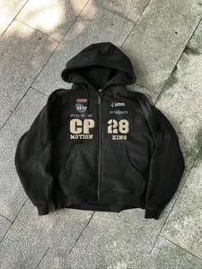 TikTok - Trending Black Fitted Long Sleeve Zip - Up Hoodie Sweatshirts with "CP MOTION" & "28 KING" Geometric Prints, Ideal for Streetwear, Urban Fashion and Menswear