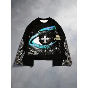 (Gold promotion)Manfinity Streetrush Manfinity Streetrush Vintage Distressed Eye Graphic Oversized Flare Sleeve Hoodie Sweatshirt, Black