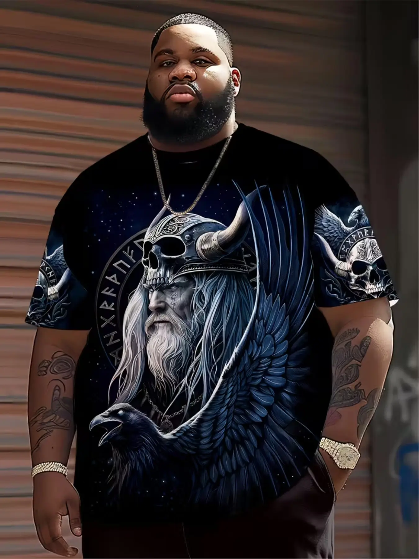 Men's Odin Warrior Viking Style 3D Print T-Shirt, Casual Round Neck, Short Sleeve, Regular Fit, 100% Polyester Knit Fabric, Elastic, Nordic Myth Design, Long