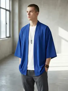 Klein Blue Men Japanese Kimono Cardigan, Loose Fit Casual Summer Jacket, Lightweight Open Closure, Traditional Hanfu Style