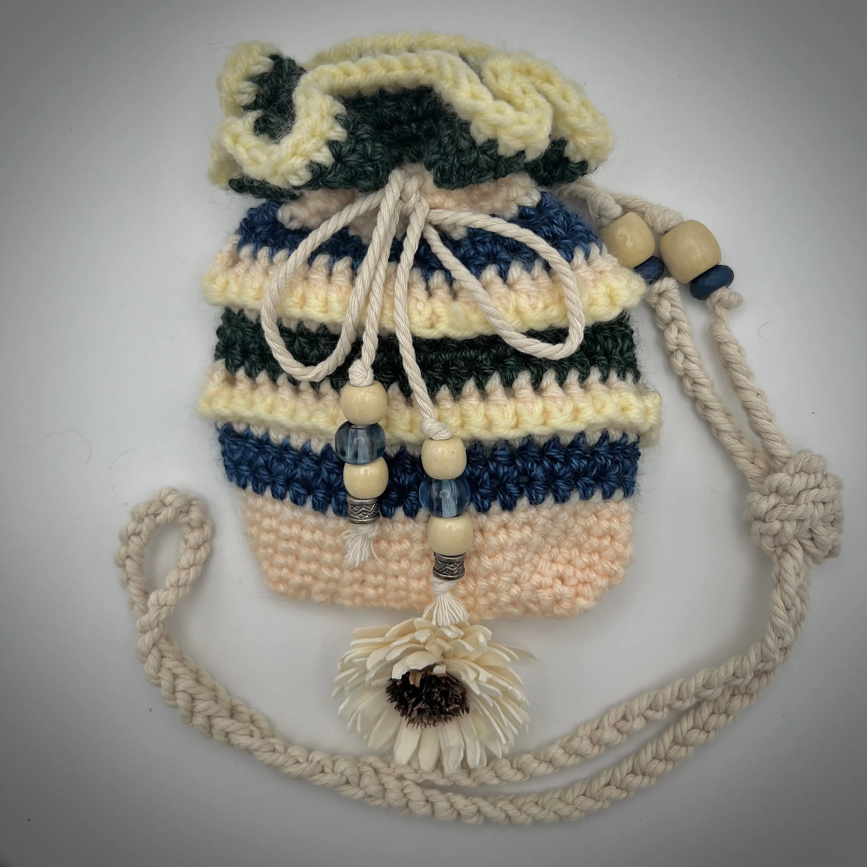 Green and Blue Popcorn Stitch Crocheted Purse