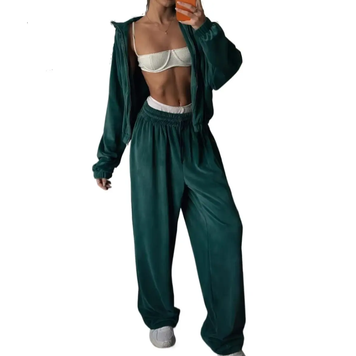 Women's Velour 2 Piece Tracksuit Set, Full Zip Stand Collar Long Sleeve Jacket & Wide Leg Pants, Soft Casual Loungewear Streetwear Outfit