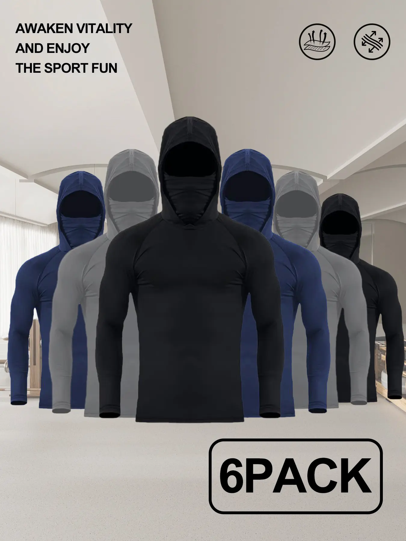 Men's 6-Pack Sun Protection Long Arm Sleeve Hoodies - Sporty Neck Protection Rash Guards with Built-in Neck Gaiter, 4-Way Stretch for Anglers & Outdoor Enthusiasts (Hoodies & Sweatshirts), Long Arm Sleeve Men's Hoodies