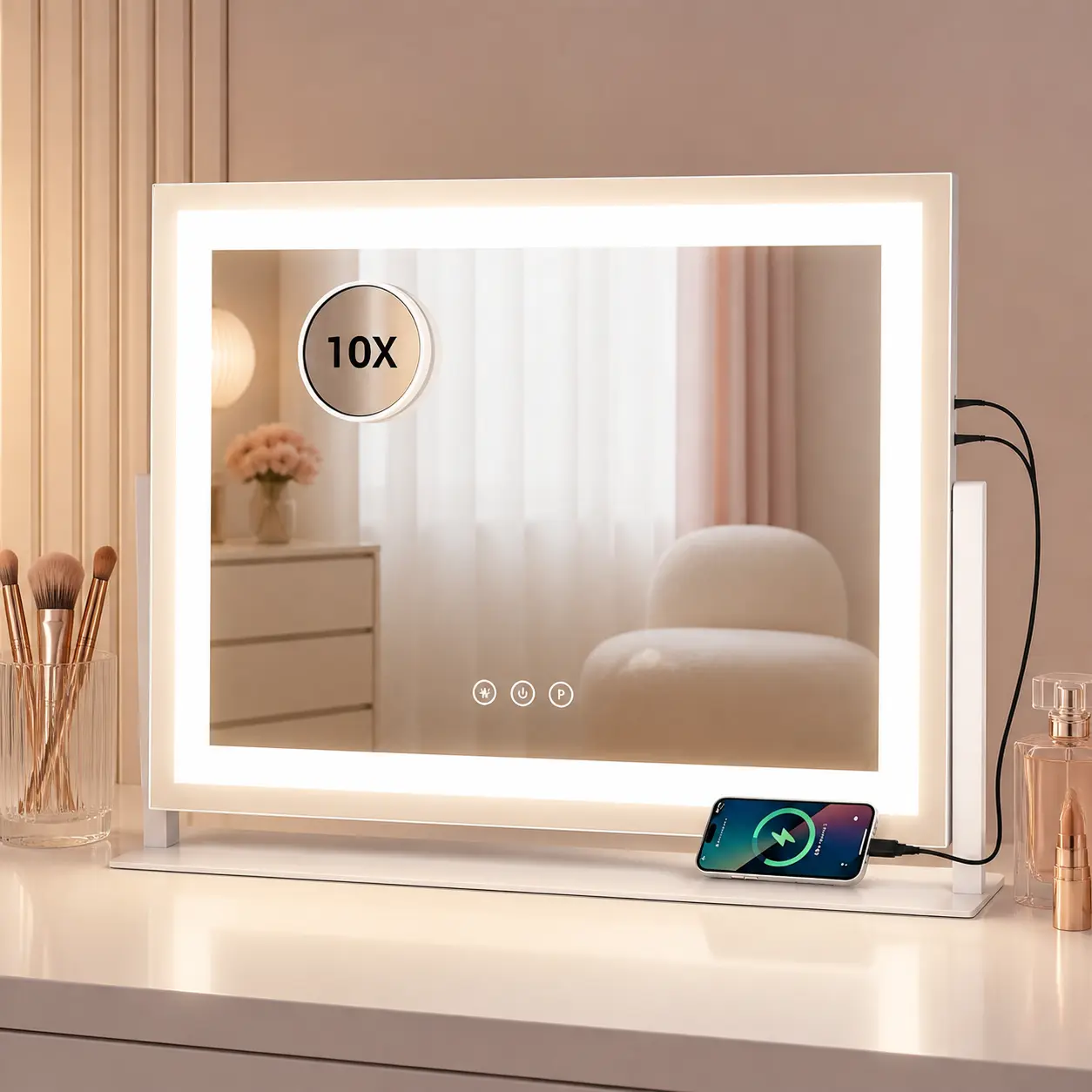 Lighted Makeup Mirror with Stand, 20 x 16 Inch LED Vanity Mirror, 3 Color Modes, Dimmable Touch Control, 10X Magnifying Mirror, USB Charging Port, White