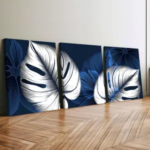 3Pcs Wooden Framed Canvas Painting, Blue And White Tropical Monstera Leaves Pattern, Exquisite Poster, Home Decoration, Pattern Wall Art Decor, For Living Room, Bedroom, Office, Restaurant, Bar Wall Decor, Waterproof, Odorless, Painting, Print Artwork.