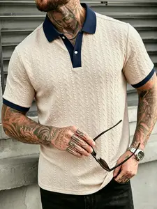 Men's Stylish Jacquard Polo Shirt with Contrast Trim Cuffs, a Versatile Semi-Formal Top for Commuting and Casual Wear, Menswear