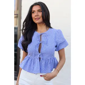 Mila Blue Gingham Tie Front Flounce Woven Blouse