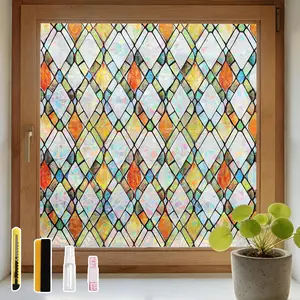 Window Privacy Film Stained Glass Decorative Static Cling UV Block Heat Control Window Tint Removable Vintage Rainbow Lattice Sticker for Home Living Room Kitchen Bedroom 17.5" x 78.7"