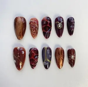 Amber Gold Press On Nails Short Almond Nails/Burgundy Nails/Dark Red Nails/Butterfly Nails/Sun Star/Holiday/Elegant Nails Satamiis