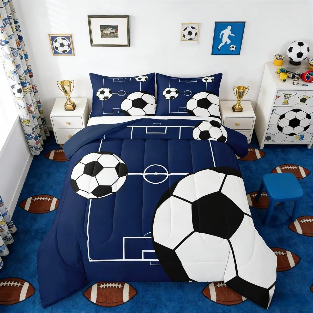 Football Comforter Set,Boys Sports Theme Comforter for Teens Soccer Ball Pattern Bedding Set,Football Court Quilt Bedroom Decor Playground Blue White for Kids Girls