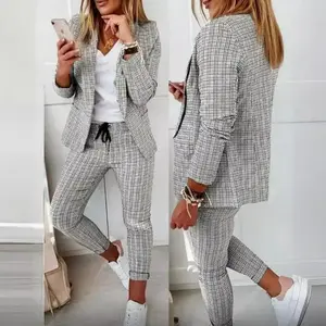 Women's Chic Plaid Print Two-Piece Outfit - Long Sleeve Fitted Blazer & High Waisted Pants Set for Everyday Wear White Polyester Material Casual Suits