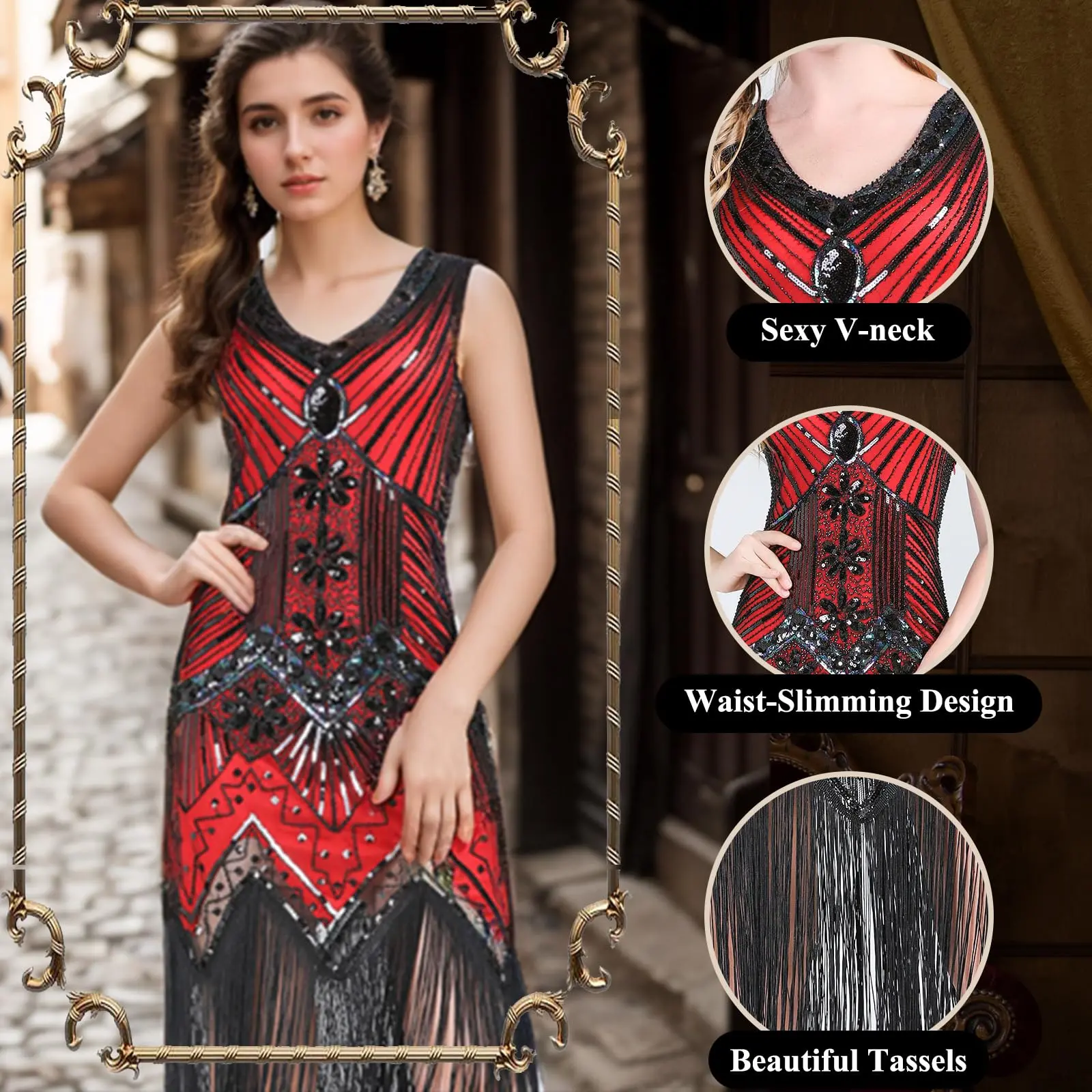 FEPITO Women's Vintage Flapper Costume Sets - 1920s V-Neck Sequin Beaded Fringed Mid-Length Zipper Flapper Dress with Great Gatsby Accessories (Fishnet Tights, Black Long Gloves, Earrings, Headband, Pearl Necklace) for Party, Tango (Style 4, Red)