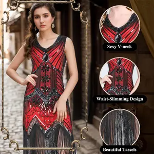 FEPITO 1920s V Neck Sequin Beaded Fringed Dress with 20sAccessories Set Costume Party Midi Womenswear BlackChic Clothes Evening Fishnet Zipper Black EarringsHeadband Pearl Necklace#Red (style 4) Red（Style 4） Elegance Formal, gift