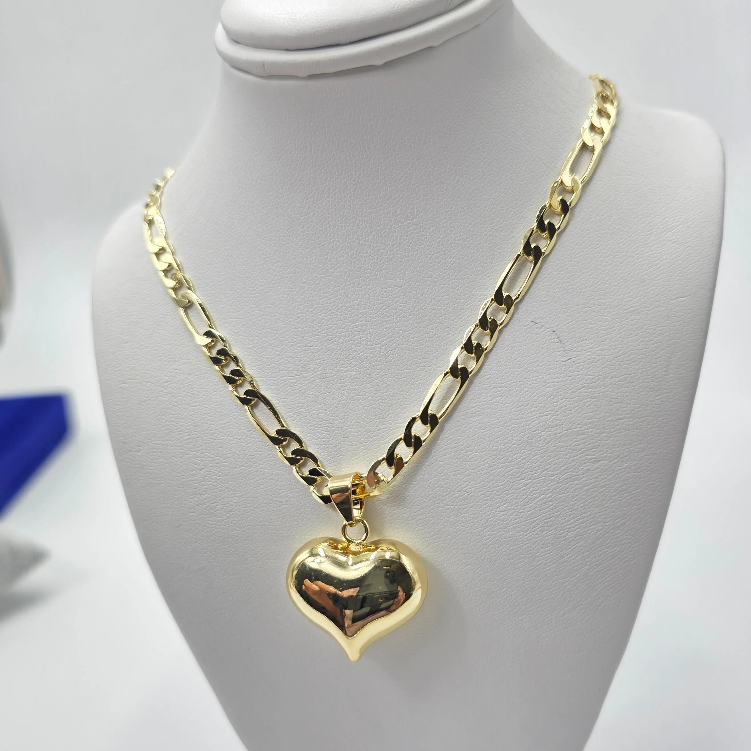Gold Heart Pendant Necklace with Figaro Chain 21 Inches for Women Jewelry Accessories
