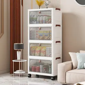 4 Layers Multifunctional Foldable Storage Cabinet with Doors & Wheels Stackable Storage Bins Large Capacity Finishing Cabinet Clothing Storage Box for Organizing Snacks