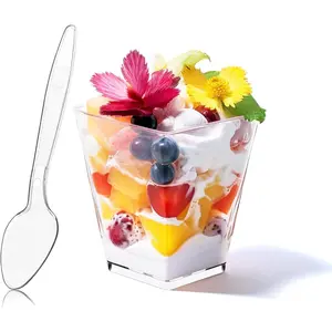 50 Pack 5 oz Square Dessert Cups with Spoons Clear Plastic Parfait Cups for Party Mini Serving Shooter Appetizer Cups Dessert Shot Glasses for Tasting Samples Fruit Ice Cream