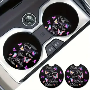 2pcs Butterfly Design Car Coasters with Easy Lift Finger Notch - Absorbent & Non-Slip, Perfect for Dry Cup Holders