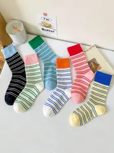 Women's 6 Pairs Colorblock Striped Crew Socks, Casual Fitted Design, Soft Comfortable Daily Wear, Perfect for All Seasons