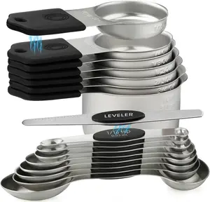 Magnetic Measuring Cup and Spoon Set, Patented Design, Strong N45 Magnets, Heavy-Duty Stainless Steel, Suitable for Baking and ng, BPA-Free, Round 16-Piece Set with Scraper, Black