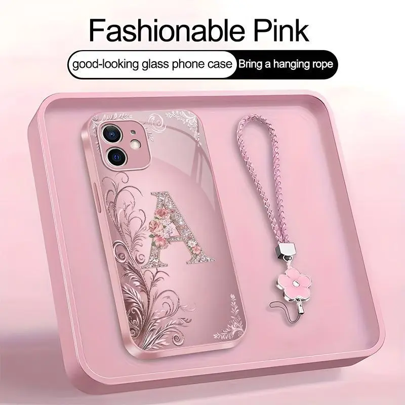 Suitable for [iPhone 12] high-end women's phone case🤩，a beautiful four-leaf clover lanyard is included🍀，Exquisite floral print, non-3D rhinestones, 26 letters to choose from YM99