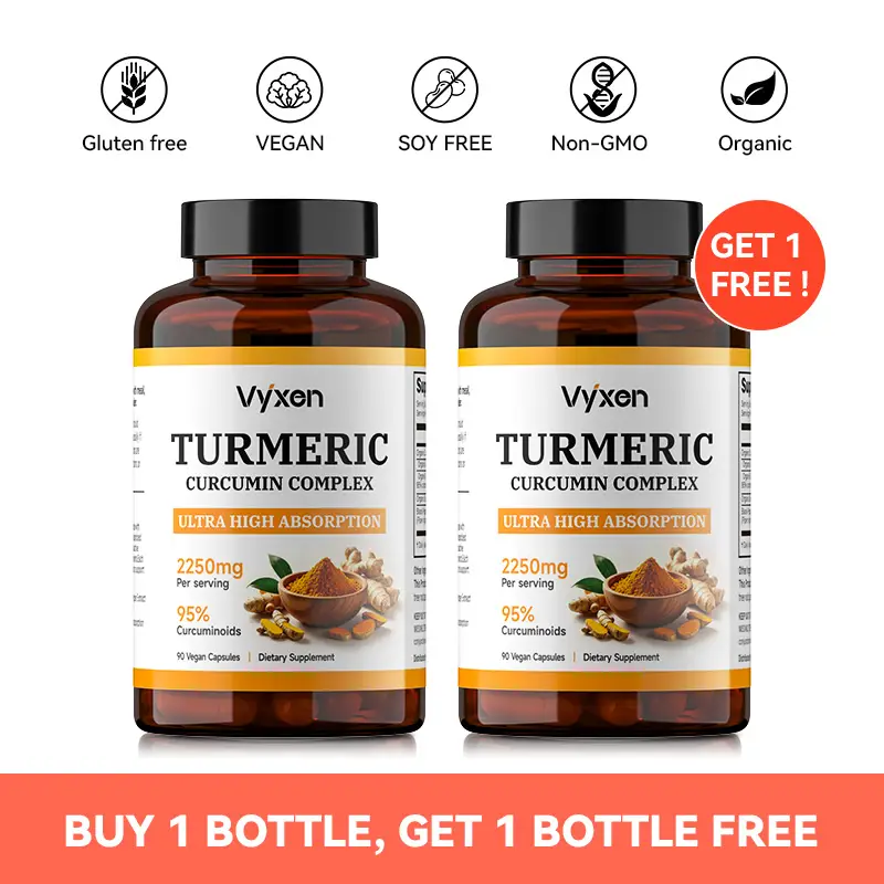 Vyxen Turmeric Curcumin Supplement – 2250mg with 95% Curcuminoids & BioPerine – Natural Anti-Inflammatory & Antioxidant Support for Clear, Youthful, G