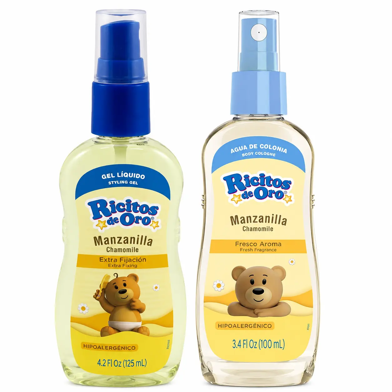 RICITOS DE ORO Chamomile Hair & Body Care Set, 2-Piece Gentle Daily Grooming Kit with Styling Gel and Fresh Scent Body Cologne, Hypoallergenic, Haircare