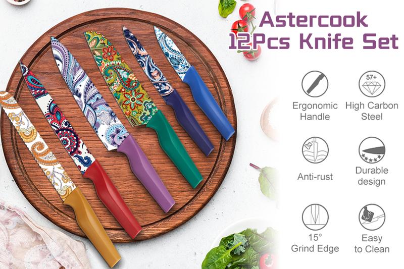 Astercook Paisley Knife Set, Scratch Resistant Coating, 6 Knives and 6 Knife Holders,  High Carbon Stainless Steel Kitchen Block Cooking Cutting