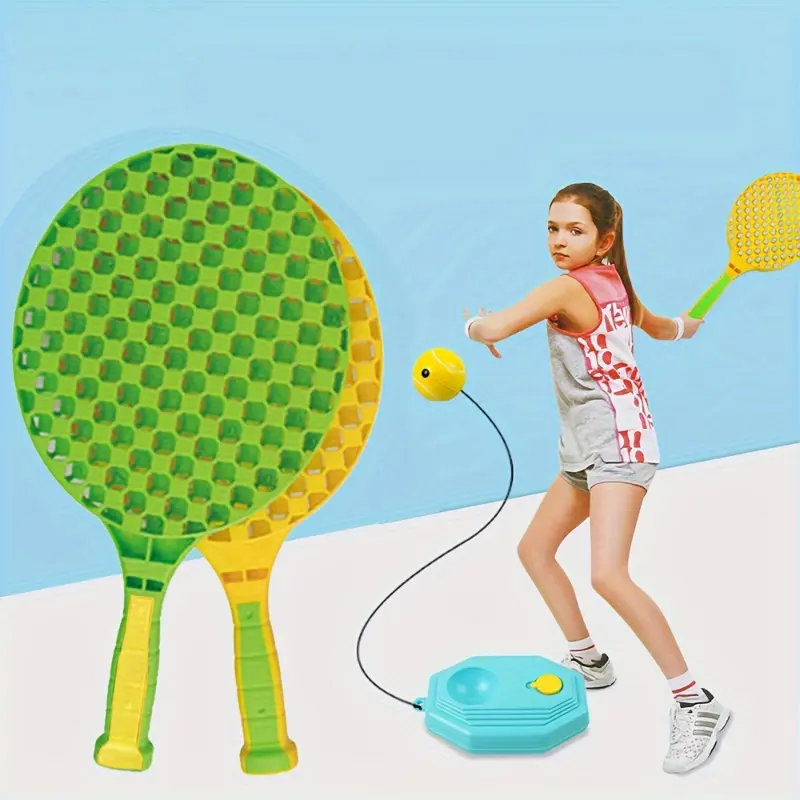 unzip toys Kids Tennis Trainer Set, Adjustable Tetherball Tennis Racket with Elastic Rope & Base, Fillable Base for Stability, Portable Outdoor Sports Practice Toy for Children 3-6 Years, Durable Plastic, Includes Ball & Paddles, Interacti