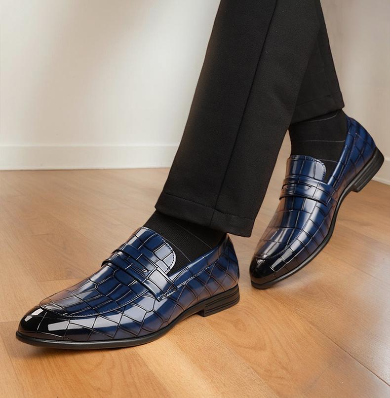 Men's Blue Croc-Embossed Penny Loafers, Formal Slip-On Leather Shoes38696