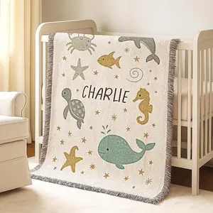 Under The Sea Baby Blanket with Name Woven Cotton or Fleece Blanket Ocean Newborn Blanket Nautical Crib Blanket
