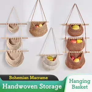 Bohemian Macrame Hanging Fruit Basket - 3 Tier Wall Mounted Produce & Vegetable Hammock - Handwoven Kitchen Storage Net Decor