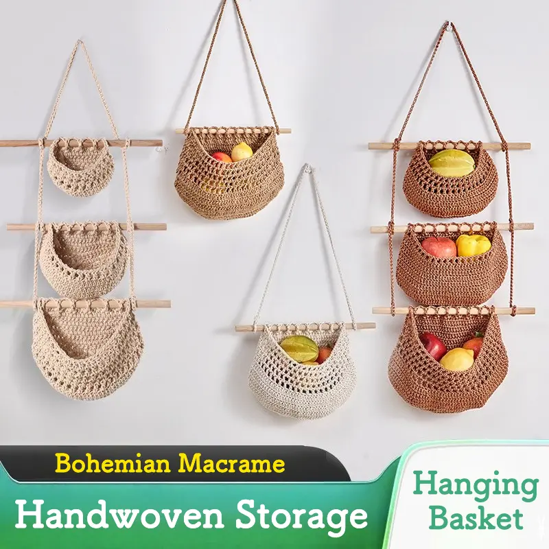 Bohemian Macrame Hanging Fruit Basket - 3 Tier Wall Mounted Produce & Vegetable Hammock - Handwoven Kitchen Storage Net Decor