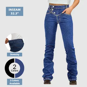 Flamingals Wash Stitch Detail Button Up High Rise Bootcut Jeans Womenswear Denim