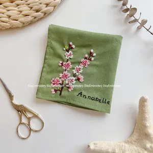 Cherry Blossoms Hand-Embroidery Linen Handkerchief Custom Wild Flowers Handkerchief Women Embroidery Handkerchiefs