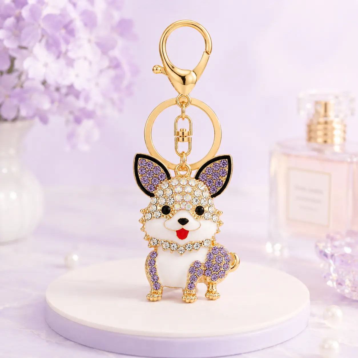 Decorative Puppy Dog Metal Keychain with Crystal-Style Accents