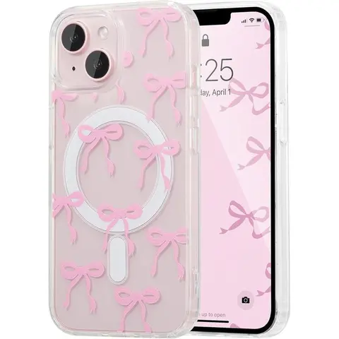 Women's Magnetic Wireless Slim Ribbon Bow Phone Case for iPhone 11-17, Anti-Yellowing Shockproof TPU+PC Flexible Shell Phone Accessories Cover