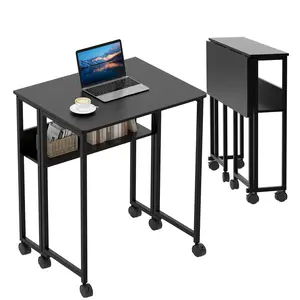 Folding Desk Small Rolling Desk with Storage Shelf,24.8 Inch Foldable Computer Table for Small Spaces, Space Saving Sofa Table with Wheels for Home Office, Study, Easy Assembly, Black