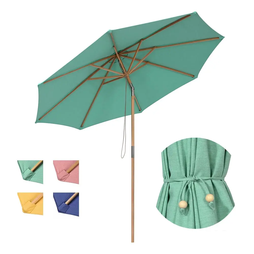 LAGarden 9ft Boho Wooden Patio Umbrella Acrylic Fabric UV50+ 10yr