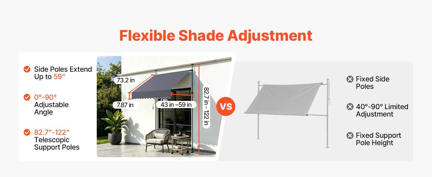 VEVOR Manual Retractable Awning, 59" Outdoor Retractable Patio Awning Sunshade Shelter, Height Adjustable Patio Door Window Canopy with Manual Crank Handle for Backyard, Garden, Balcony, Dark Gray