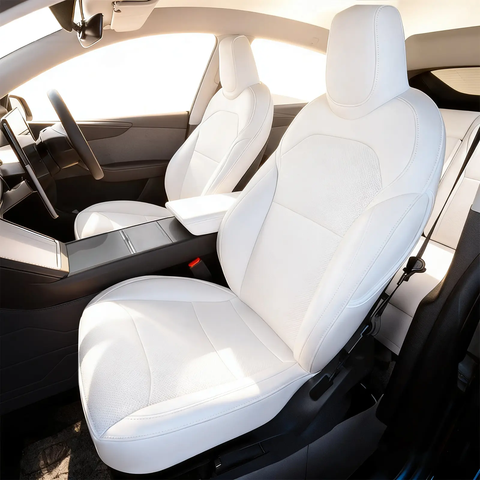 Waterproof Nappa Leather Full Coverage Seat Covers Custom Fit for 2025 2026 Tesla Model Y Juniper, Airbag Safe, 5-Seat Only Car Seat Protector Accessory Kit, White