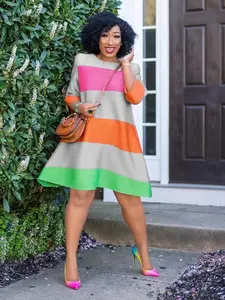 Women's Colorblock Round Neck A Line Dress, Casual 3/4 Sleeve Crewneck Knee Length Dress for Spring & Fall, Women's Dress for Daily Wear, Comfort Womenswear, Lady Casual Wear, Casual Chic Dress